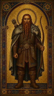 full-body original character: a dwarven ranger with a braided auburn beard, worn leather armor, a longbow and a wolf-pelt cloak, neutral background, no text