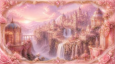 a cliffside city with waterfalls cascading into a misty canyon, wide establishing shot, no people, no text