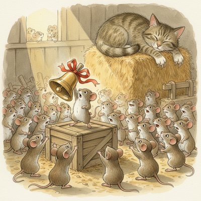 Whimsical Storybook Illustration Style, Warm Color Palette, Soft Textures and Detailed Linework. A wide-angle view of a secret, crowded meeting of dozens of anthropomorphic field mice taking place on an upturned wooden crate in the corner of a cluttered, dusty barn.

The Focal Point (The Plan): In the center of the crate spotlighted by a beam of sunlight coming through a crack in the roof, a small, earnest mouse stands on its hind legs, triumphantly holding aloft a shiny brass sleigh bell tied with a bright red ribbon. The bell looks impossibly large and heavy for the mouse.

The Reaction (The Hesitation): The surrounding crowd of mice is a mix of emotions. Some in the front row are cheering with tiny paws raised. However, many others towards the back are exchanging nervous, sidelong glances, scratching their heads, or looking fearfully over their shoulders.

The Threat (The Reality): In the background, on top of a high stack of hay bales, a giant, fluffy tabby cat is fast asleep. Though sleeping, its size and sharp claws are evident, casting a shadow over the edge of the meeting area. The contrast between the small, shiny bell and the enormous sleeping predator is central to the image.