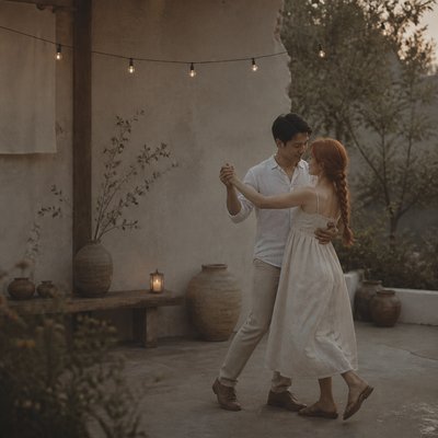 an original couple dancing under string lights in a garden at dusk: a man with short black hair in a linen shirt and a woman with braided red hair in a summer dress