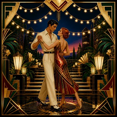 an original couple dancing under string lights in a garden at dusk: a man with short black hair in a linen shirt and a woman with braided red hair in a summer dress