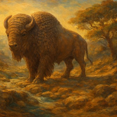 a painting of a bison standing in a field