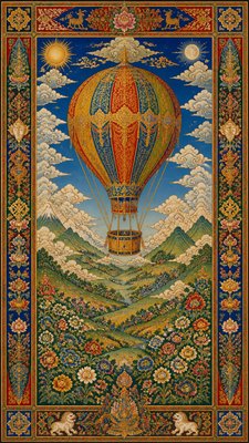 a hot air balloon drifting over rolling flower fields on a sunny day, cheerful, no text