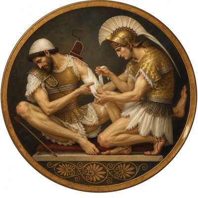 a painting of two men sitting on a table