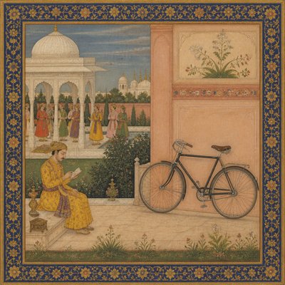 bicyle resting against a wall — Mughal Miniature Art Style