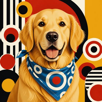 portrait of a golden retriever wearing a blue bandana, warm plain backdrop, no text