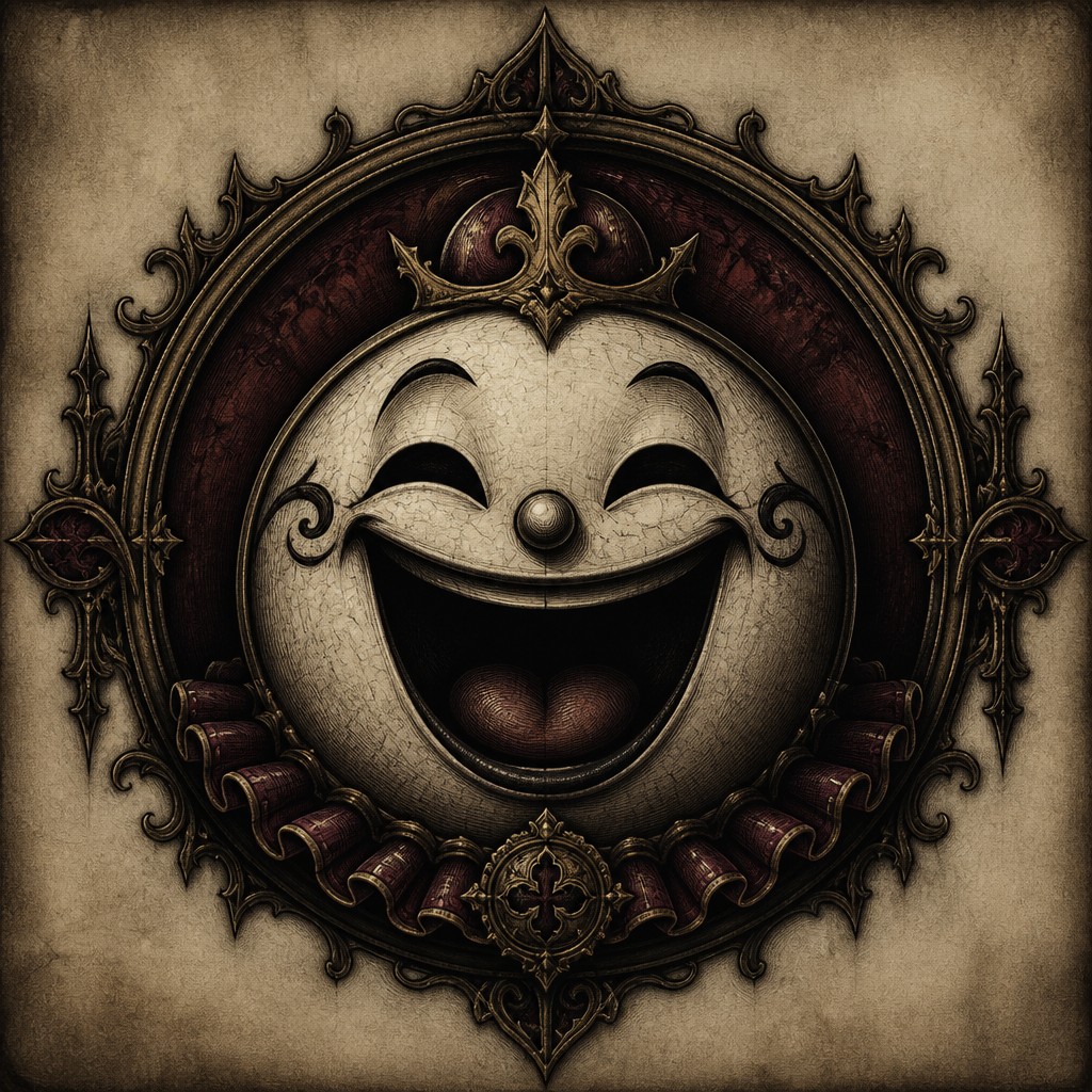 an exaggerated laughing face of an original round mascot character, bold and readable at small size, plain background, no text