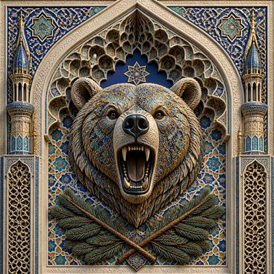 a roaring bear head above crossed pine branches, bold graphic composition on a plain background, no text