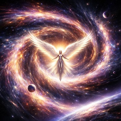 A sweeping digital fantasy painting of a majestic angel with large, feathered wings made of glowing white light and golden energy, suspended within the center of a massive cosmic whirlwind. The whirlwind itself is a swirling spiral galaxy, composed of vibrant nebulae, millions of sparkling stars, dust lanes in deep blues, purples, and oranges, and miniature planets caught in the flow. The angel, wearing flowing, armored robes of starlight, looks serene with outstretched arms. The background is the dark expanse of deep space filled with distant galaxies. The style is epic and cinematic.