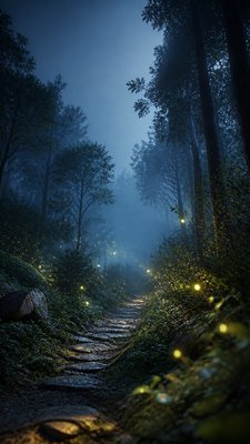 a mysterious forest path with fireflies and drifting mist, atmospheric vertical composition with open space at the top, no text