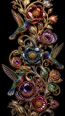 a climbing vine of flowers and hummingbirds on a dark background, tall wrapping composition, no text