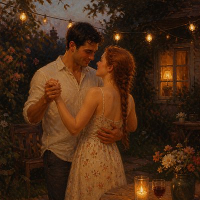 an original couple dancing under string lights in a garden at dusk: a man with short black hair in a linen shirt and a woman with braided red hair in a summer dress
