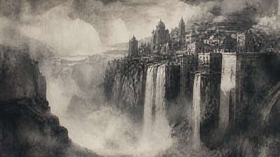 a cliffside city with waterfalls cascading into a misty canyon, wide establishing shot, no people, no text