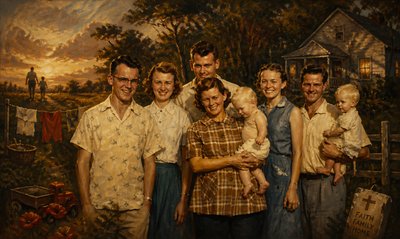 a painting of a family posing for a picture