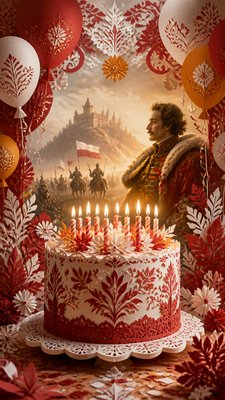 a birthday cake with lit candles surrounded by balloons and confetti, festive vertical composition, no text