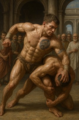 a painting of a man kneeling down in front of a group of people