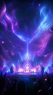 a live music scene with a glowing stage and silhouetted crowd, energetic vertical composition with open space at the top, no text