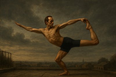 a painting of a man doing a yoga pose