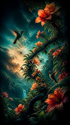 a climbing vine of flowers and hummingbirds on a dark background, tall wrapping composition, no text