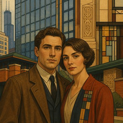 portrait of two people together — Chicago Art Style