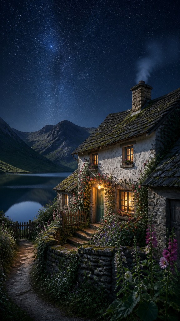 a tranquil mountain lake beneath a starry night sky, no people, no text