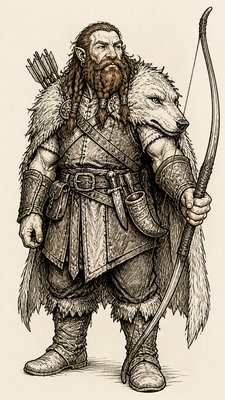 full-body original character: a dwarven ranger with a braided auburn beard, worn leather armor, a longbow and a wolf-pelt cloak, neutral background, no text