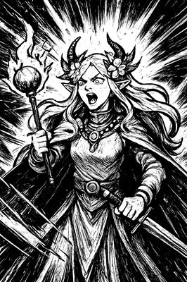 a black and white drawing of a woman holding two torches