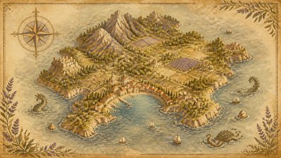 a map of an island realm with mountains, forests, a sheltered bay, sea monsters in the water and a compass rose, no text labels