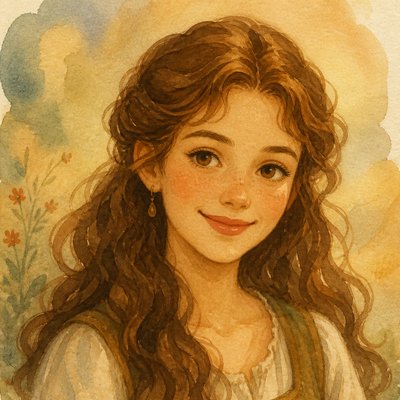 head-and-shoulders portrait of an original character: a young woman with wavy chestnut hair and a warm smile, plain soft backdrop