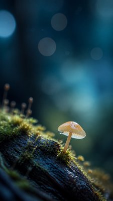 a mysterious forest path with fireflies and drifting mist, atmospheric vertical composition with open space at the top, no text
