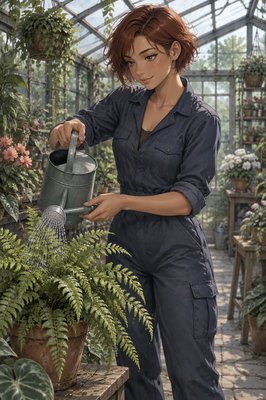 A beautiful young woman with short auburn hair and olive skin, wearing a navy utility jumpsuit with rolled sleeves, watering a potted fern inside a greenhouse. Three-quarter view, framed from the knees upward, face and both hands clearly visible. Soft overcast daylight through the glass roof, cool green surroundings, layered plants in the background. No text, logos or watermark.
