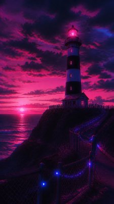 a lone lighthouse on a cliff at dusk under a dramatic sky, no text or lettering
