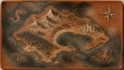 a map of an island realm with mountains, forests, a sheltered bay, sea monsters in the water and a compass rose, no text labels