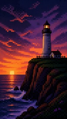 a lone lighthouse on a cliff at dusk under a dramatic sky, no text or lettering