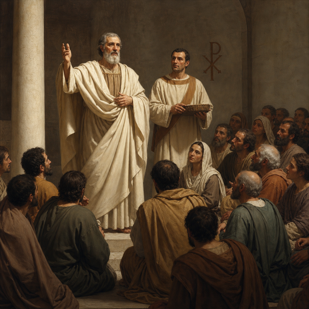 early church congregation with presbyter and deacon