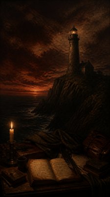 a lone lighthouse on a cliff at dusk under a dramatic sky, no text or lettering