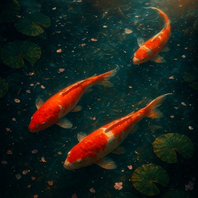 A koi pond seen from above, orange and white koi fish swimming among lily pads, clear water with subtle ripples, fallen cherry blossom petals floating on the surface, dappled sunlight