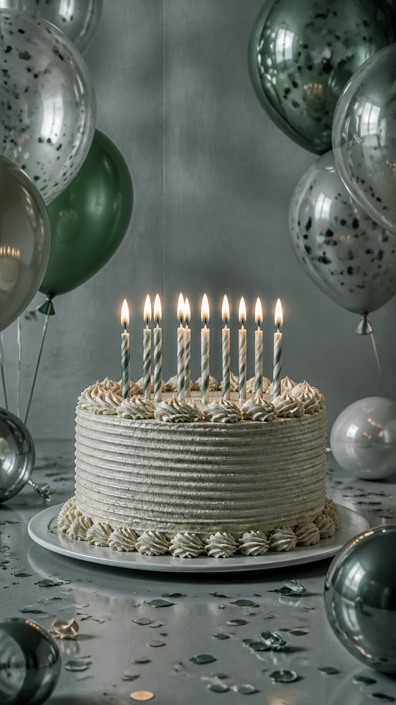 a birthday cake with lit candles surrounded by balloons and confetti, festive vertical composition, no text