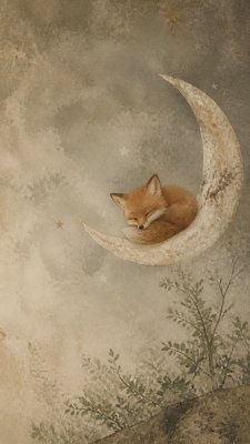 a sleeping baby fox curled on a crescent moon among soft stars, gentle and warm, no text
