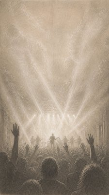 a live music scene with a glowing stage and silhouetted crowd, energetic vertical composition with open space at the top, no text