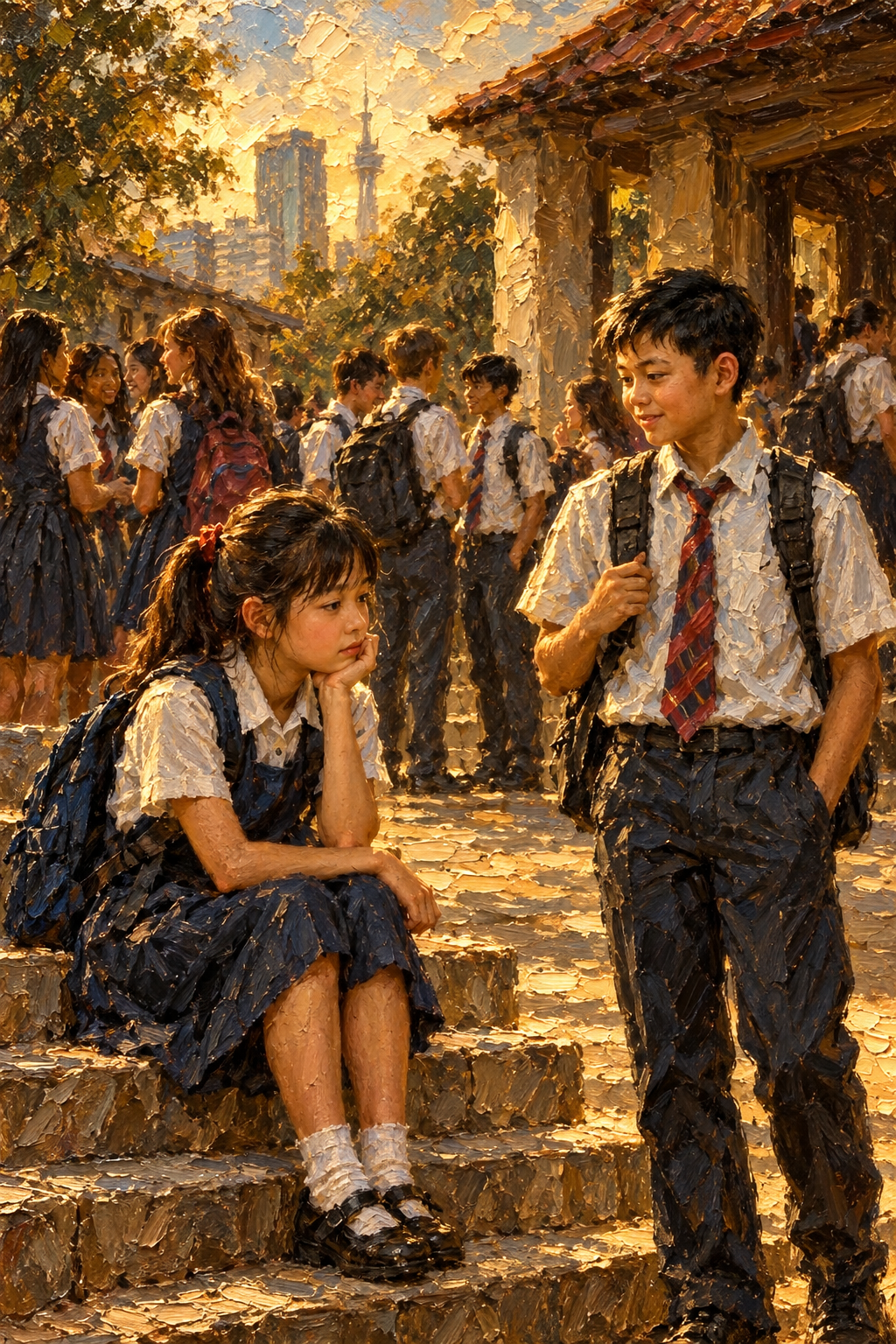 a painting of a boy and a girl sitting on steps