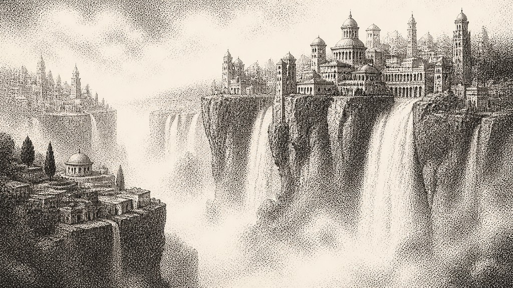 a cliffside city with waterfalls cascading into a misty canyon, wide establishing shot, no people, no text