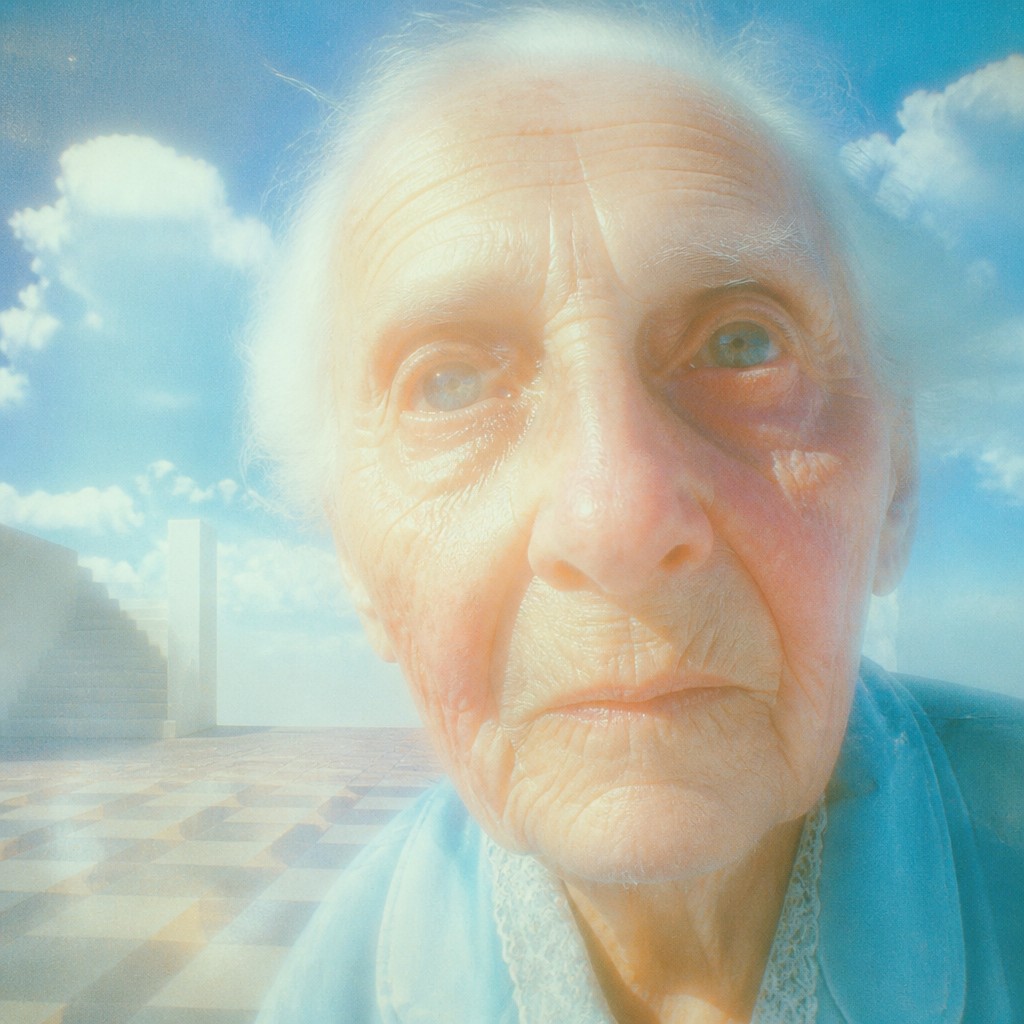 close-up portrait of an elderly person with expressive weathered features — Dreamcore Aesthetic