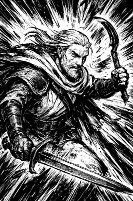 a painting of a man with a sword
