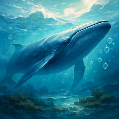 A hyper-realistic blue whale, majestic and mysterious, gliding gracefully through a surreal ocean scene. Its massive, sleek body glows with deep blues and silvers, illuminated by soft sunlight streaming through the ocean's surface. Surrounding it are glistening, delicate bubbles, sparkling like jewels in the light. The water shimmers with ethereal clarity, blending realism with a dreamlike atmosphere, capturing the whale's awe-inspiring beauty and enigma. 