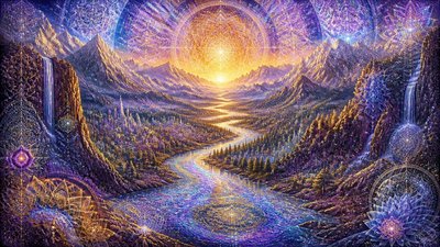 a vast valley with a river winding toward distant mountains at sunrise, no people, no text