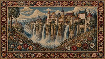 a cliffside city with waterfalls cascading into a misty canyon, wide establishing shot, no people, no text