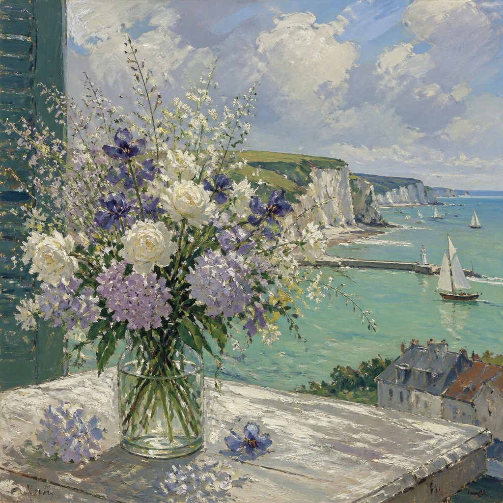 bouquet of flowers in a glass vase — Normandy Coast Art Style