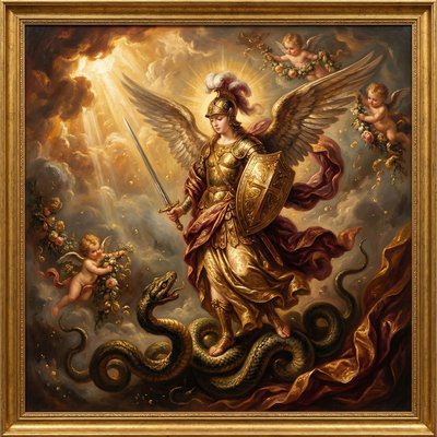 An Angel of God standing with full armor, sword, and shield, with massive wings, in front of a great serpent