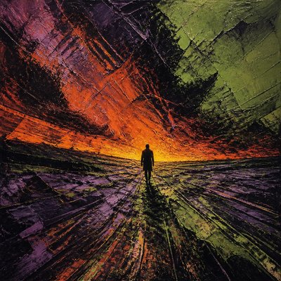 a solitary figure walking toward a glowing horizon across an empty plain, moody atmosphere, no text or lettering